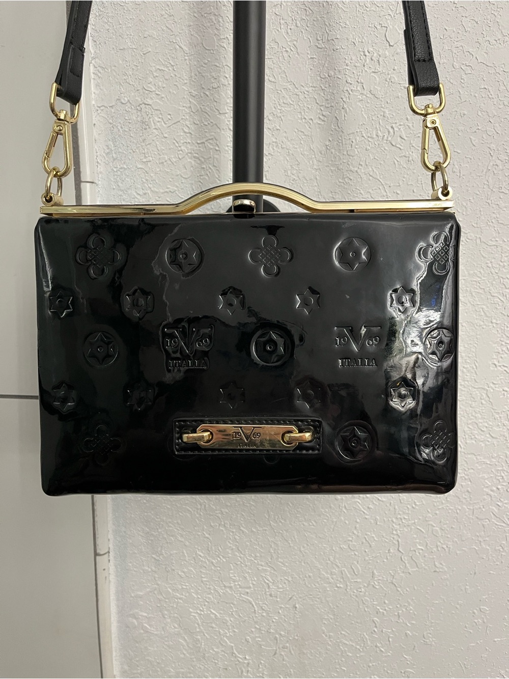 Versace 1969 Italia Black Patent Crossbody Bag with Gold Hardware